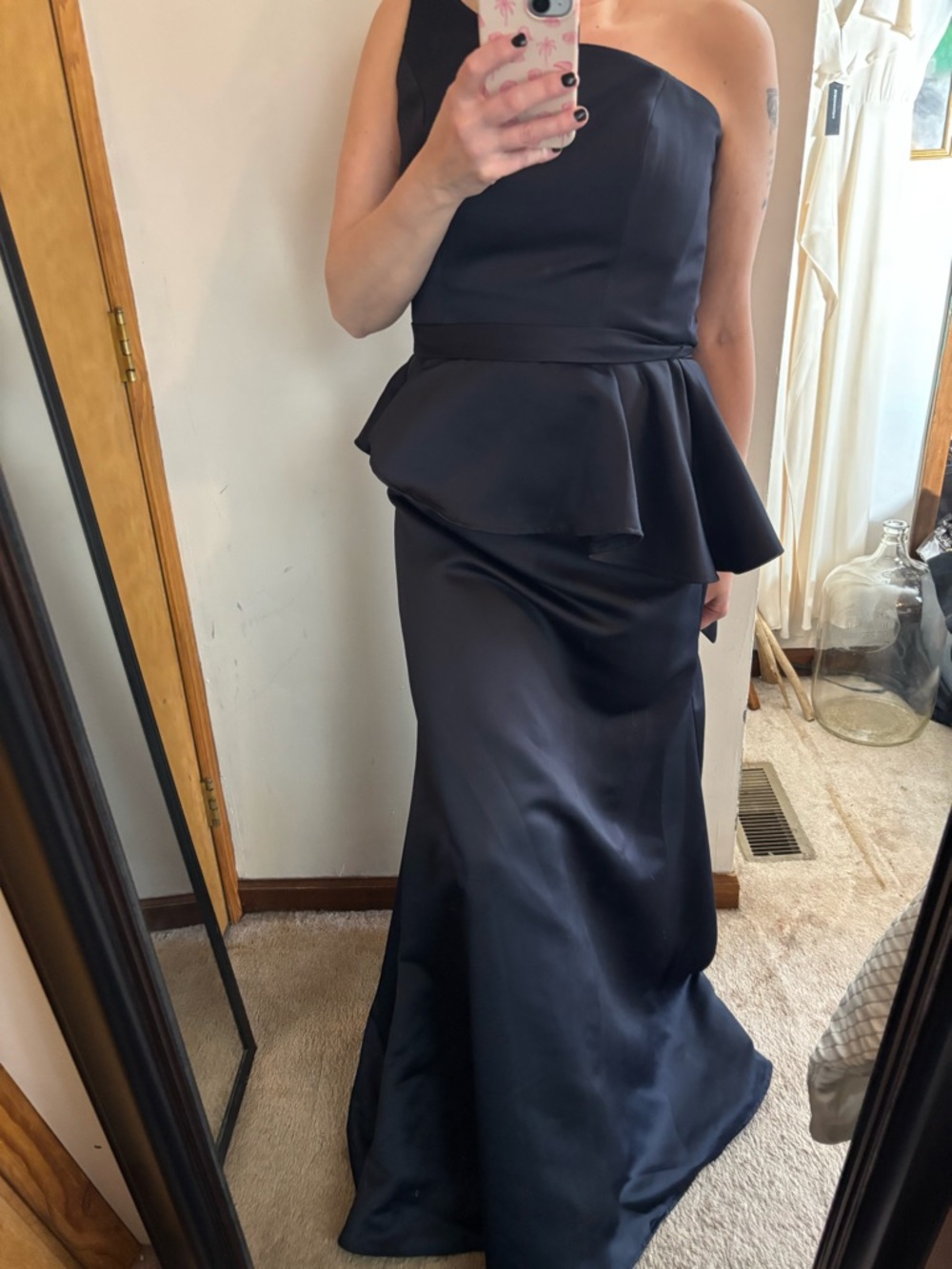 Mori Lee One-Shoulder Navy Satin Peplum Evening Gown
